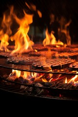 Beef patties cooking on a flaming grill