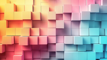 an abstract 3d rainbow cube background, a three-dimensional digital artwork with numerous cubic shapes stacked together, a soft and inviting color palette