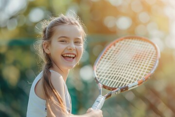 Happy girl playing with a tennis racket outdoors