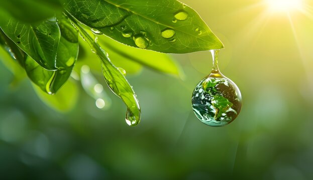 drop of water hanging from the leaf with earth inside, green background, environmental protection, sustainability, ecology and environment day concept