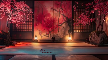 Traditional Japanese dojo with cherry blossoms and serene atmosphere, showcasing the beauty of feudal Japan