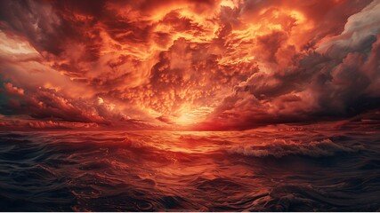 Raging Sea Spectacle, Dramatic red stormy cloudy sky reflecting on the troubled water surface, stormy ocean with rays of light in the center, Fantasy stormy sea - obrazy, fototapety, plakaty