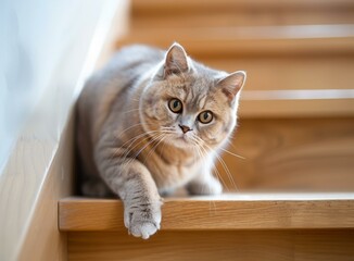 A cute cat is sitting on the wooden stairs and looking at the camera