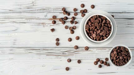 Portions and chocolate chips on a white porcelain container on a white wooden table isolated. Top view. Copy Space