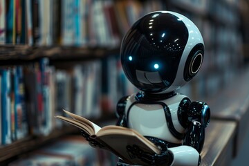 Fototapeta premium humanoid robot reading a book in library