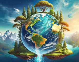 Fototapeta premium Symbiosis Reborn: A Tapestry Woven with Sunlight, Verdant Growth, and Healing Waters