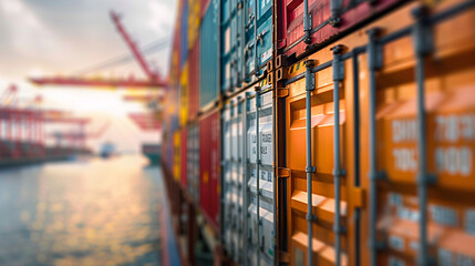 A close-up shot of a cargo ship's side, showing the texture and details of the stacked containers, with the port's bustling activity slightly blurred in the background, Generative AI
