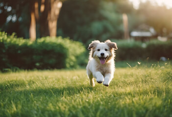 A joyful puppy running towards the camera in a sunny park with trees in the background. International Dog Day.