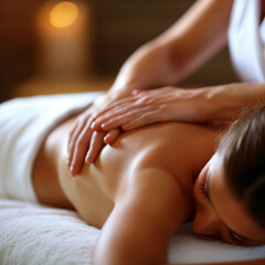 Fototapeta premium woman getting back massage, relaxing in spa salon