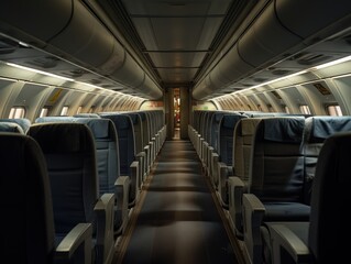 A realistic image of the interior of a neat and orderly airplane cabin