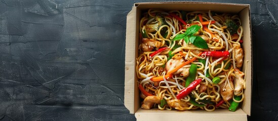 Chinese noodles, chicken, and vegetables in a cardboard container against a dark backdrop, portraying Asian cuisine delivery service and the street food concept, with room for text.