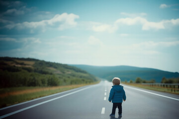 Young boy walking alone on a country road