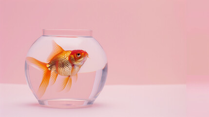 a single goldfish in a clear jar, viewed at eye level. The background is a soft pastel pink, providing a calm and clean aesthetic, Generative AI