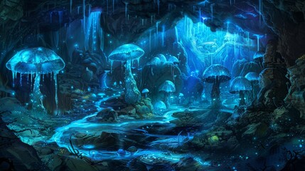 Enchanted Glowing Mushrooms in a Mystical Fantasy Cave