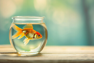 A side view photo of a goldfish in a sleek, round glass jar, placed on a light wooden surface, with a soft-focus green background to suggest a natural environment subtly, Generative AI