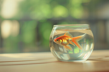 A side view photo of a goldfish in a sleek, round glass jar, placed on a light wooden surface, with a soft-focus green background to suggest a natural environment subtly, Generative AI