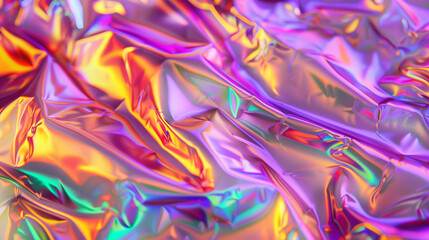 Modern bright neon purple, green, orange colored metallic psychedelic optimistic holographic foil texture. Abstract holographic background 80s, 90s, 2000s style. psychedelic retro futurism panorama