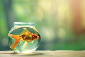 A side view photo of a goldfish in a sleek, round glass jar, placed on a light wooden surface, with a soft-focus green background to suggest a natural environment subtly, Generative AI