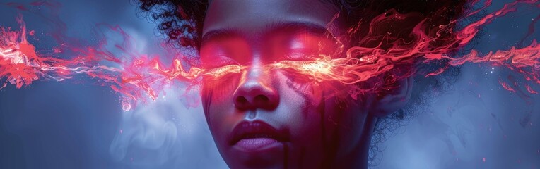 Obraz premium Womans face with red light shining from her eyes