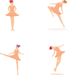 Ballerina icons set cartoon vector. Ballerina dancer in beautiful pose. Ballet, art