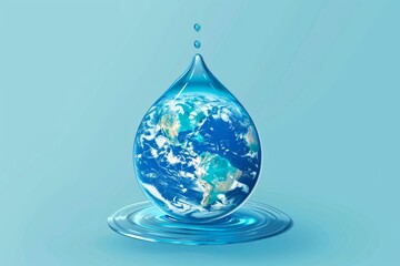 Obraz premium Planet earth inside water drop on blue background, clean environment concept