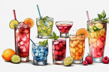 Colored alcoholic drinks with fruits, on an isolated white background. Drawing, illustration.