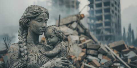 Obraz premium Ruins of the city and a monument to a mother with a child, the concept of war in Ukraine