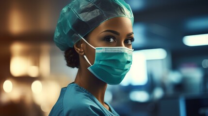 Portrait of a confident female surgeon wearing a surgical mask and cap - Powered by Adobe