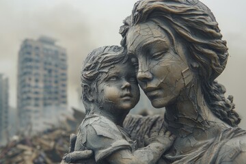 Mother and child monument in the ruins of a house after a bomb