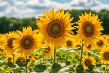 Field of sunflowers with a blue sky and white clouds in the background