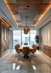 Office conference room with wooden ceiling and marble floor