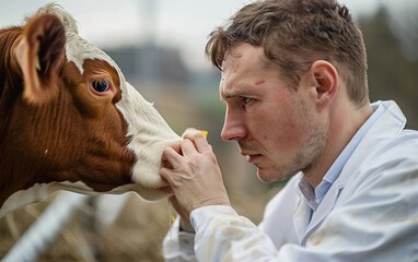 man in medical gown taking a sample of biological material from a cow