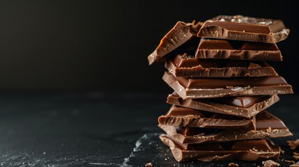 Chocolate bar pieces closeup. Sweet food photo concept with copy space. Chunks of broken chocolate stacked on black background