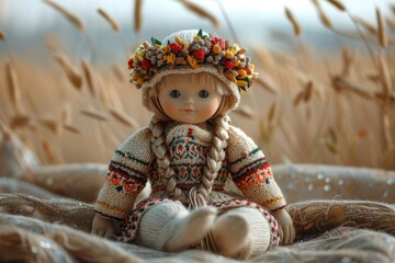 Ukrainian folk doll in a wheat field