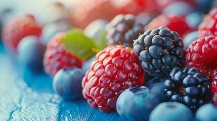 Vibrant mixed berries including ripe blackberries, blueberries, and raspberries on blue textured surface, summer fruit themes, freshness and health concept.