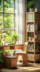 A wooden desk and chair in front of a window