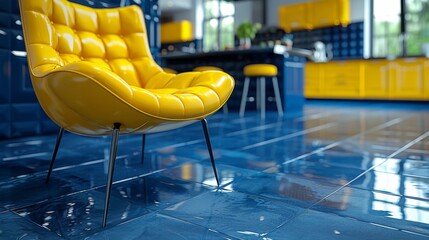 A yellow chair sitting in a blue tiled kitchen with cabinets, AI