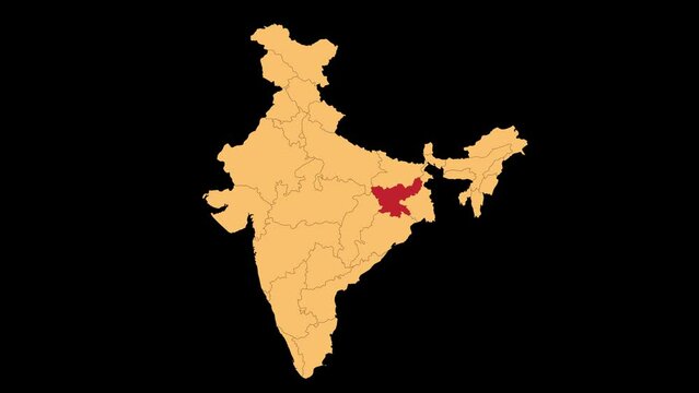 Jharkhand map animated video. Jharkhand location in India highlighted colour with transparent background in video format. Map animation video.