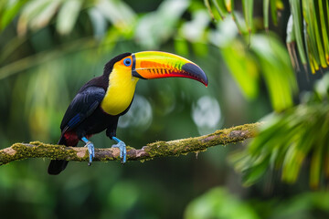A colorful toucan perched on a branch in the heart of the Amazon rainforest.