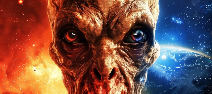 Alien s mesmerizing eyes reveal swirling galaxies, hinting at profound intelligence and mysteries