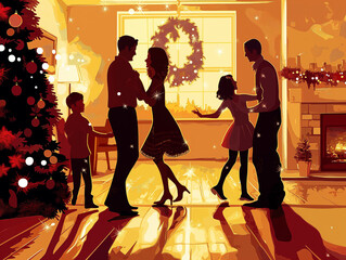 Festive Illustrative Style Family Dance at a Holiday Celebration