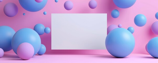 Abstract pink and blue spheres with blank banner