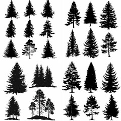 black tree silhouette set pure badge eco outline recreation breath emblem label protection graphic pine trunk woodland