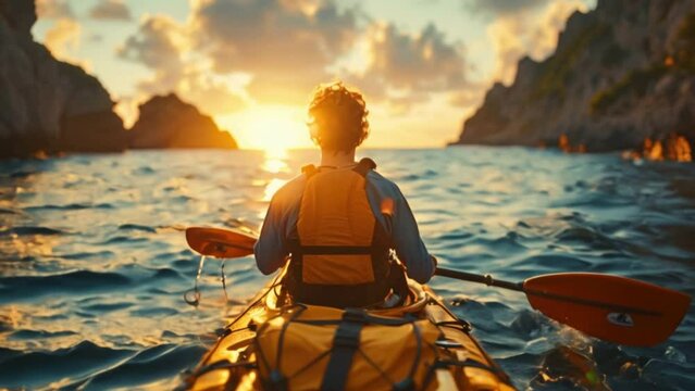Backward view of traveler kayaking in the ocean.
