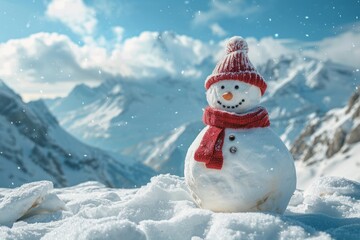 Obraz premium Snowman in a hat and scarf on the mountain. Copy space for text