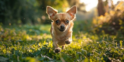 Small Chihuahua dog running through green grass field in summer
