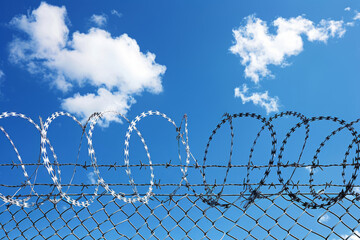 Barbed wire on blue sky background, freedom concept