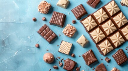 Different kinds of chocolates on colored table close-up. Top View and Flat Lay with copy space