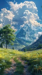 majestic mountain landscape with a lush green valley and a clear blue sky