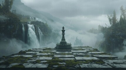 Mystical Chess Piece in a Rainy, Ancient Ruin Landscape